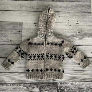 Vintage Cowichan Sweater Hand knit Wool Kids 2T Full Zip Hooded Cardigan Jacket
